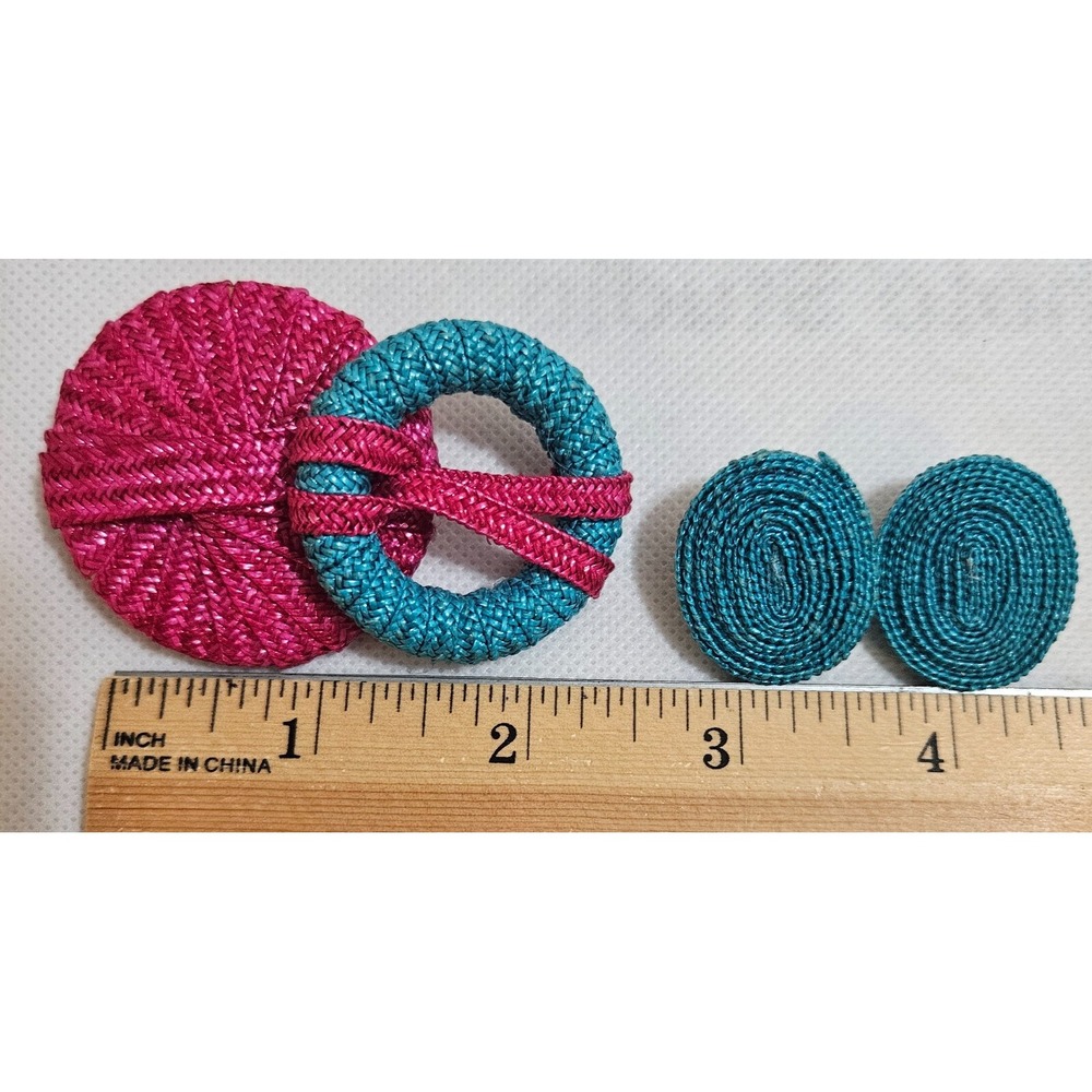 Vintage HOT Pink and Turquoise Blue Raffia Weave Oval Earrings Brooch Pin‎ 80's - Picture 9 of 9